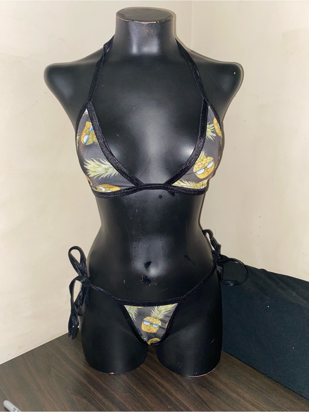 Black Pineapple-Print Triangle Bikini with Yellow Accents